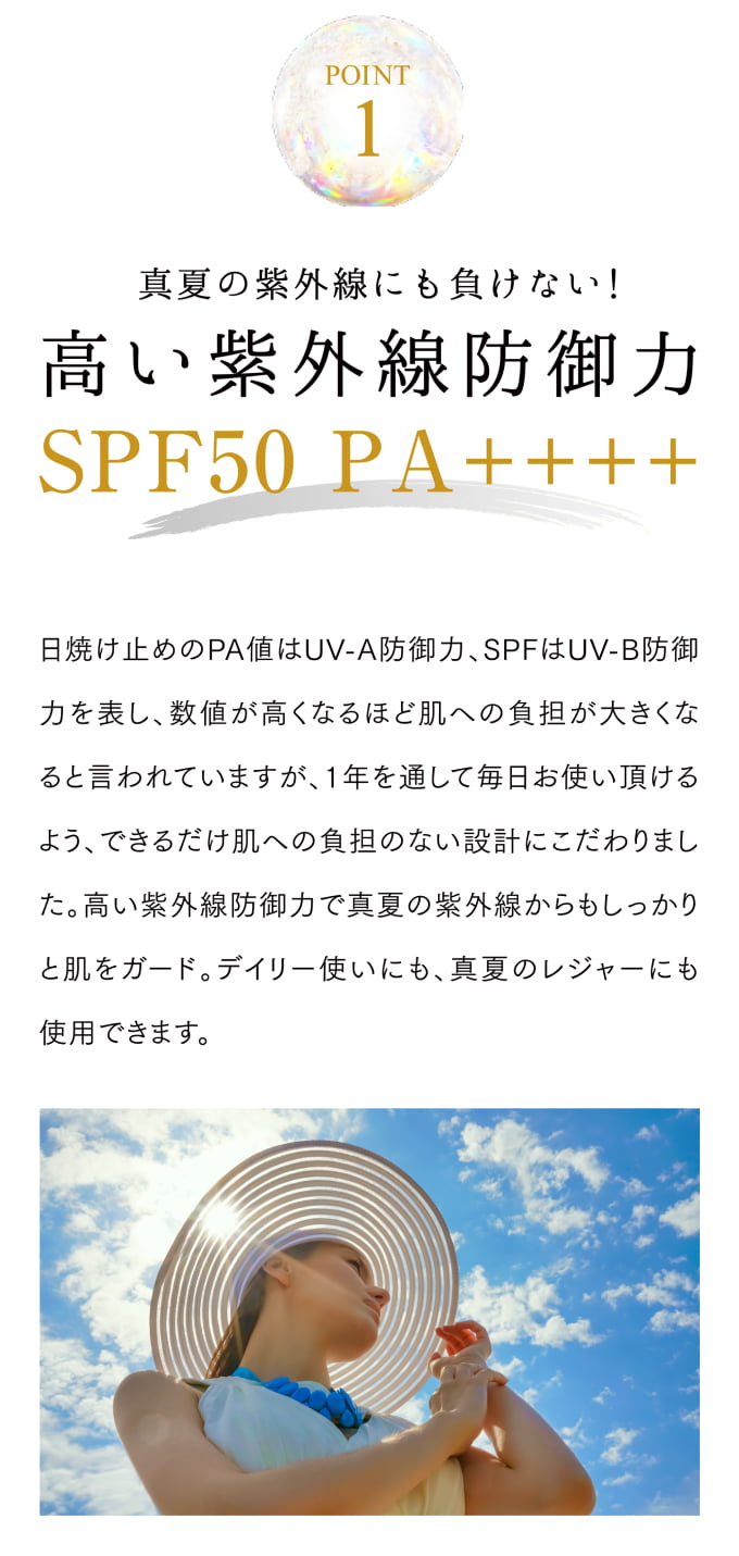 POINT1 真夏の紫外線にも負けない！ 高い紫外線防御力 SPF50 PA++++